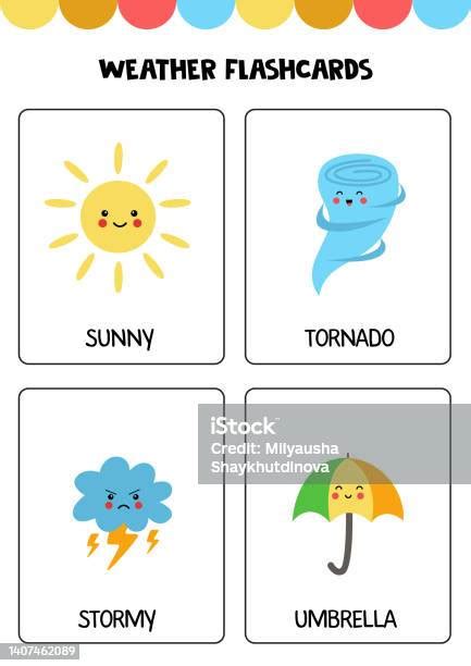 Cute Cartoon Weather Elements With Names Flashcards For Children Stock