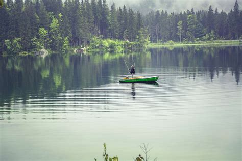 Boat Fisherman Fishing Forest Lake Mountains Nature Trees Water