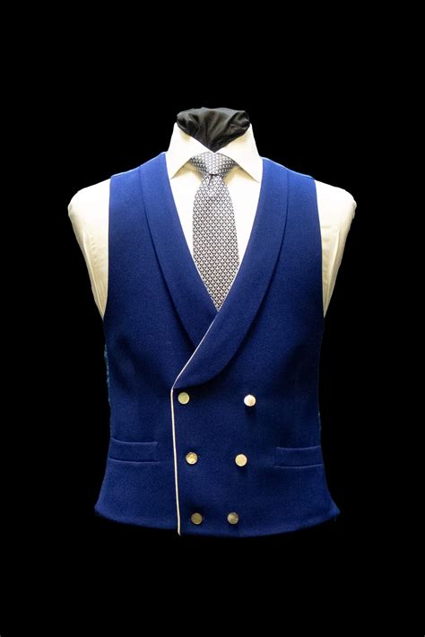 Electric Blue Twill Wool Double Breasted Waistcoat With Mother Of Pearl
