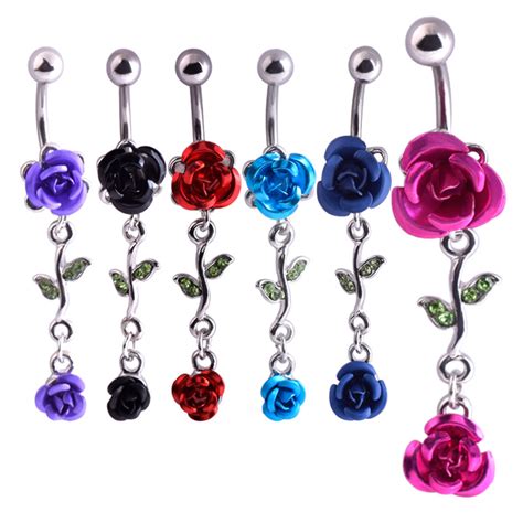 2020 Body Navel Nail Red Rose Double Flowers Belly Ring Dangle Belly Dance Nailing Piercing