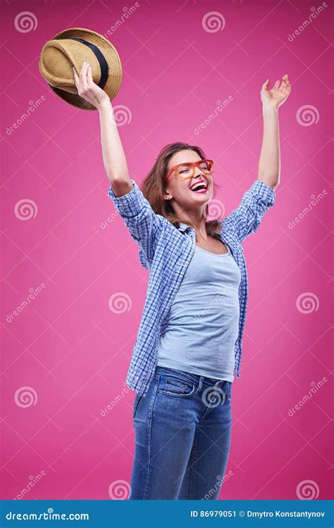 Girl Takes Off The Hat And Rejoices Stock Image Image Of Portrait