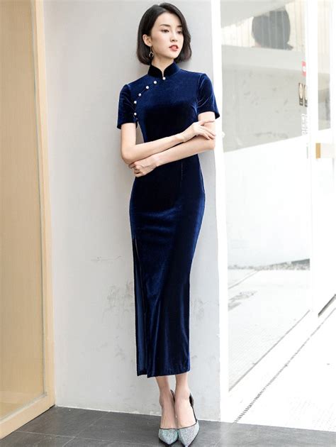 Royal Blue Velvet Qipao Cheongsam Dress With Thigh Split Cozyladywear