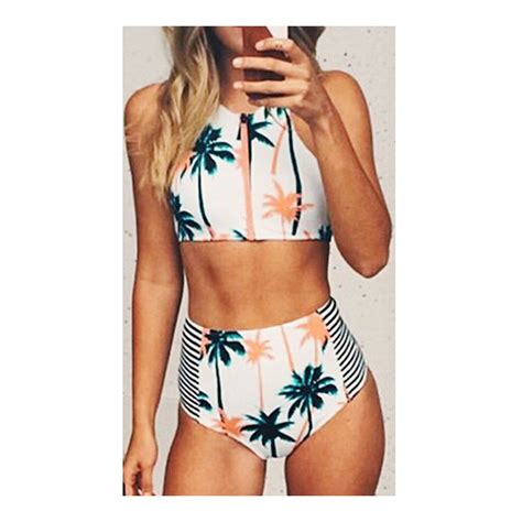 Palm Tree Microgroove Printing Zipper High Waist Swimwear High Waist