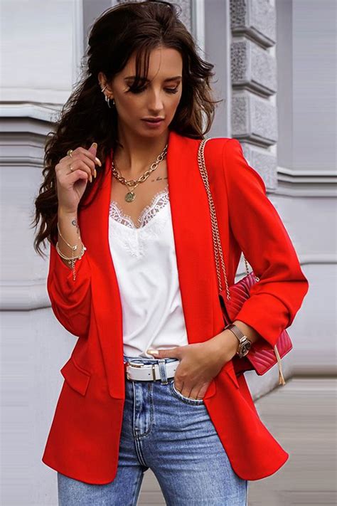 ladies red blazer with open front and long sleeve womens red blazer red blazer elegant work wear