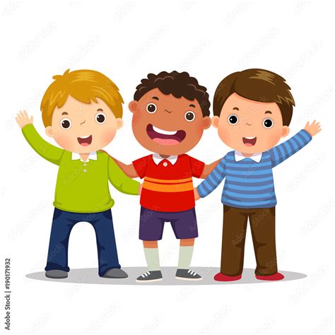 Group Of Three Happy Boys Standing Together Friendship Concept Stock