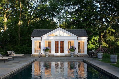 Traditional Pool House In White With Gray Shingled Roof Design
