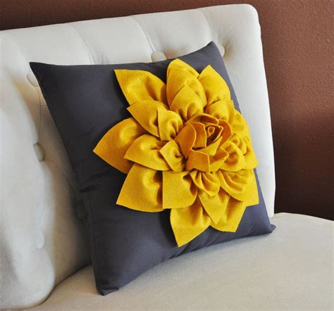 Two Decorative Flower Pillows Mustard Yellow Dahlia And Mustard Yellow