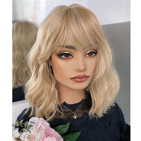 Blonde Wigs With Bangs Curly Short Wavy Bob Mix Blonde Wig With Bangs