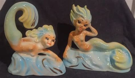 Vintage Pair Josef Originals Mj George Mermaid Figurines Rare Htf