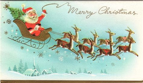 Santa Claus Reindeer Deer Gold Embossed Sleigh Mcm Vtg Christmas