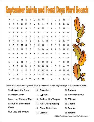 September Saints And Feast Days Word Search Printable Catholic Catechism Catholic Religious