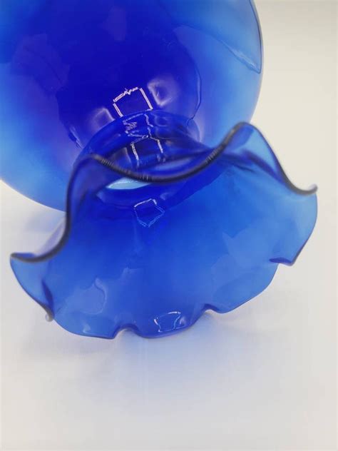 Vintage Cobalt Blue Glass Vase With Ruffle Rim Edge And Wide Etsy