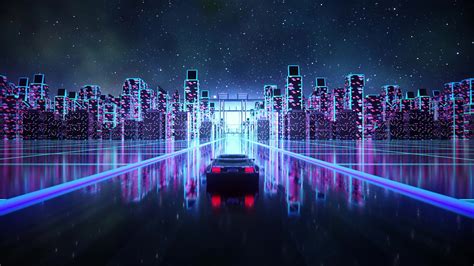 Download Wallpaper 1600x900 Cyberpunk Outrun Vaporwave Car On Road