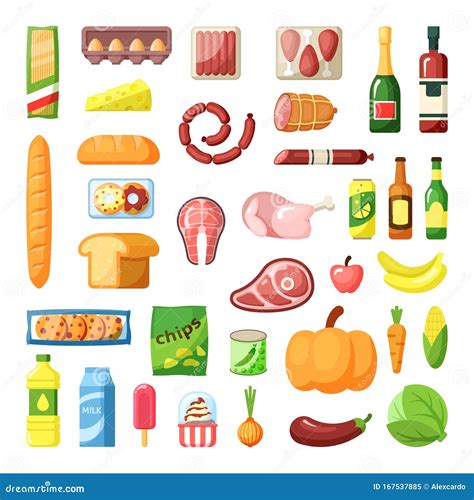 Everyday Supermarket Food Items Assortment Flat Vector Illustrations