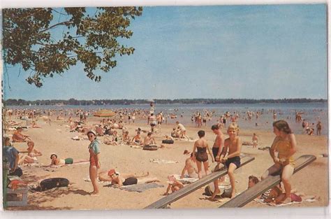Plattsburgh New York Postcard Municipal Beach Bathing Scene W Playground Favorite Places
