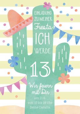 Nicht nur erwachsene, sondern auch kinder freuen sich darauf, ihren geburtstag zu feiern. Lustige Einladungskarte zur 'Fiesta' zum 13. Geburtstag ...