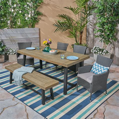 Bailee Outdoor 6 Piece Dining Set With Wicker Chairs And Bench