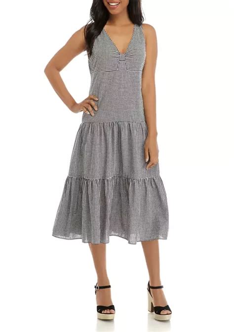 Tiana B Womens Sleeveless V Neck Tier Gingham Midi Dress Belk