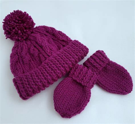 Knitted Hat And Mittens Hand Knit Baby Girls Bobble Hat Etsy Uk