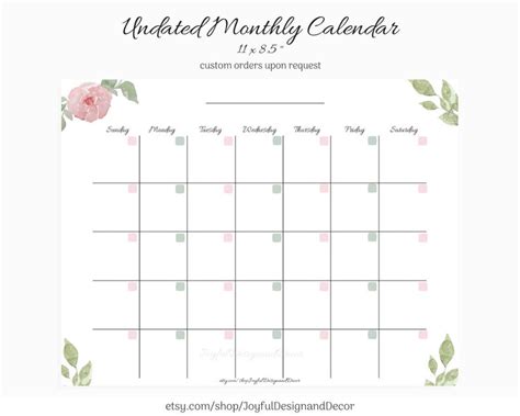 Undated Monthly Calendar Blank Calendar Printable Custom Etsy