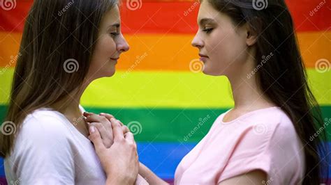 Cute Lesbian Couple On Rainbow Flag Background Same Sex Relations