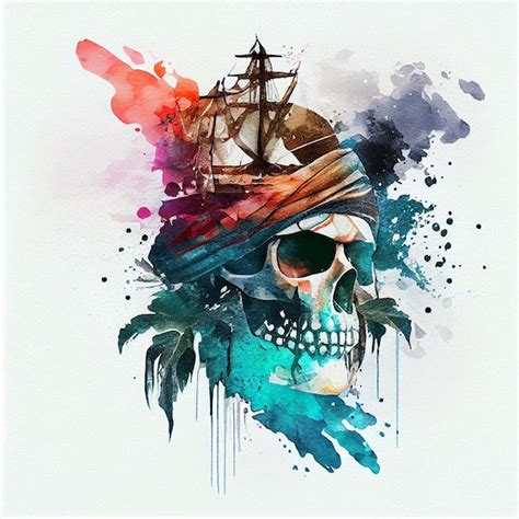 Premium Photo Pirate Skull Double Exposure Watercolor Skeleton Head