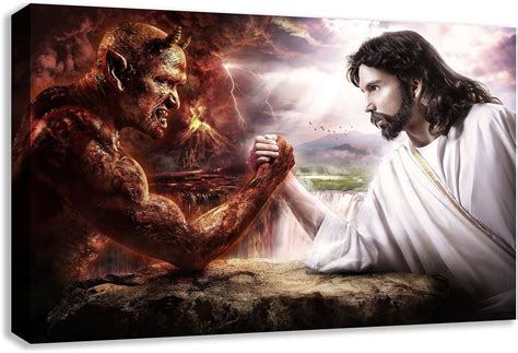 Satan V Christ Arm Wrestle Good Evil Jesus Canvas Wall Art 44x26 Uk Kitchen And Home