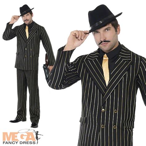 Gold Pinstripe Gangster Suit Mens Fancy Dress 1920s Adults Costume 20s