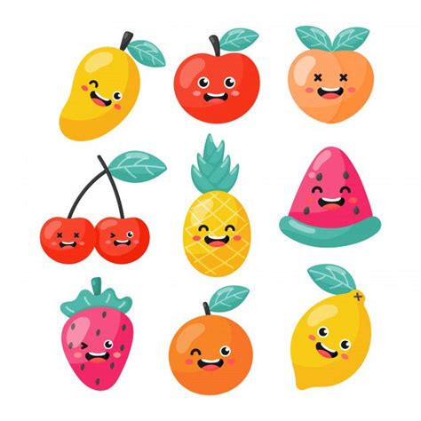 Hand drawn different cartoon fruits. Set Of Cartoon Tropical Fruit Characters In Kawaii Style ...