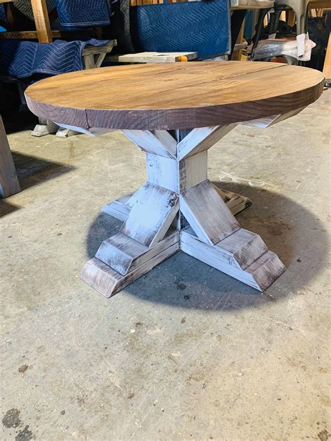 Round Farmhouse Rustic Coffee Table With Pedestal Base Distressed