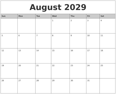 August 2029 Monthly Calendar Printable