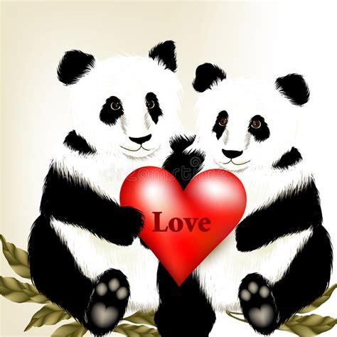 Cute Couple Of Cartoon Panda Bears Holding Big Red Heart With W Stock