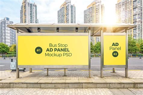 Free Bus Stop Shelter Advertising Panels Mockup PSD Good Mockups