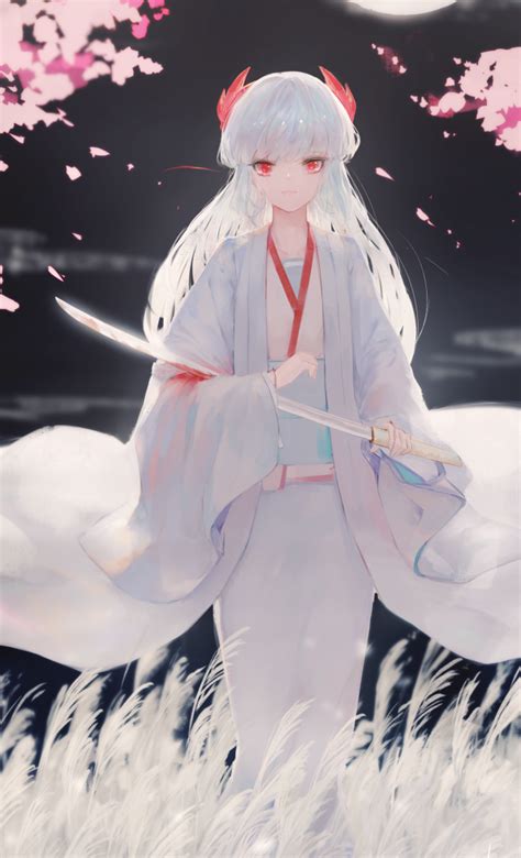 Wallpaper Anime Girl White Hair Kimono Sakura Blossom