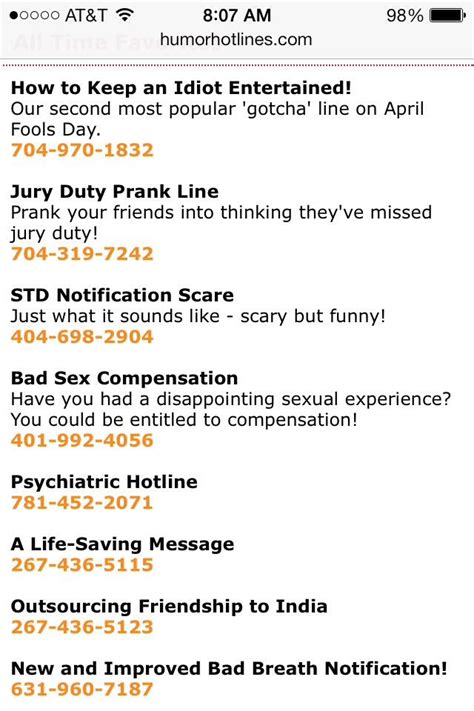 Humor Hotlines Great For Pranking Friends Funny Phone Numbers Funny Prank Calls Prank
