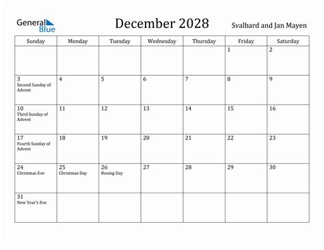December 2028 Monthly Calendar With Svalbard And Jan Mayen Holidays