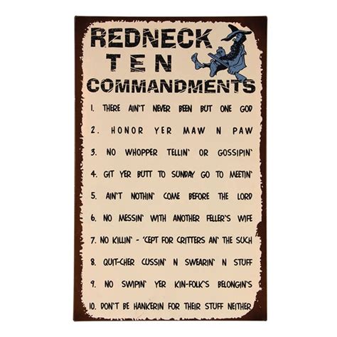 Redneck Ten Commandments 16 X 10 Inch Tin Humorous Wall Sign Plaque