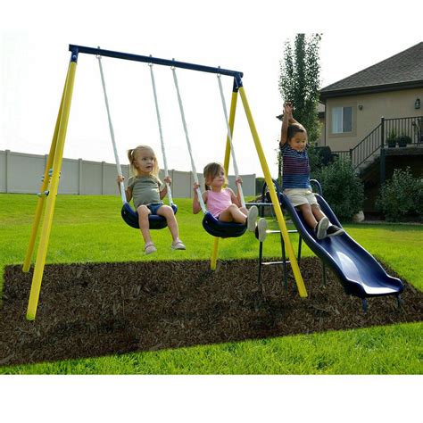 Metal Swing Set Kids Playground Swing Slide Outdoor Backyard Playset