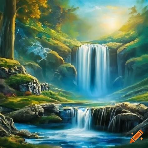 Beautiful Landscape With Magical Spring Waterfalls Fantasy Art By