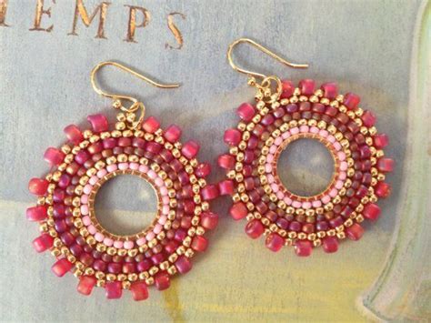 Beadwork Small Hoop Earrings Pink Berries Multicolored Seed Bead