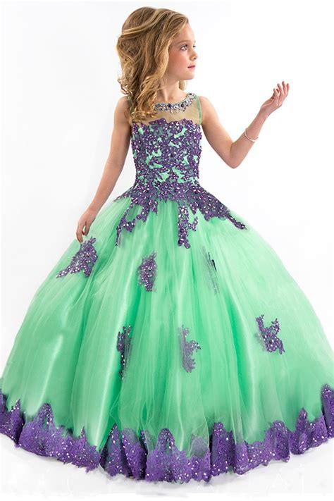 Newest Girls Pageant Dress Purple And Green Appliques Ball Gown Floor