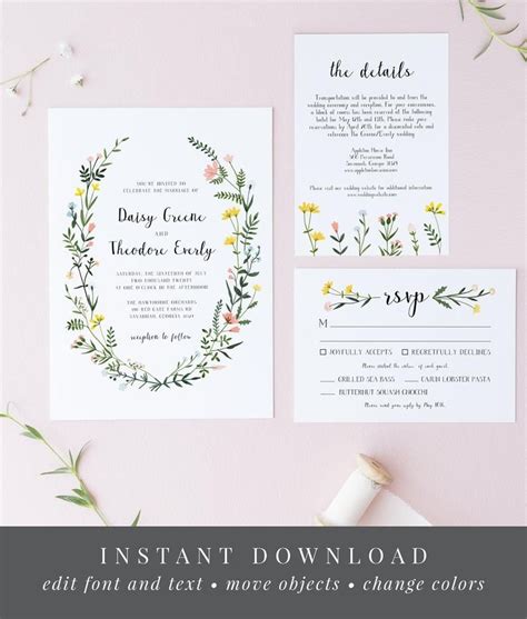 Folk Wildflowers Wedding Invitation Suite Editable Template Etsy