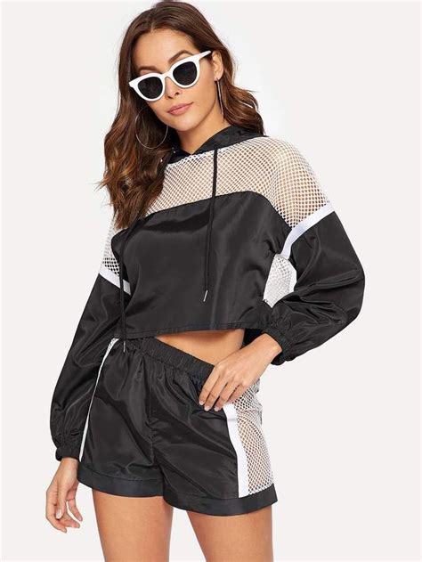 Shein Fishnet Insert Drawstring Hoodie And Shorts Set Sporty Outfits