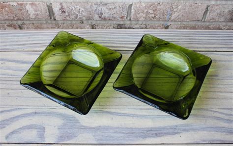 Vintage Square Green Glass Ashtray Set Of Two