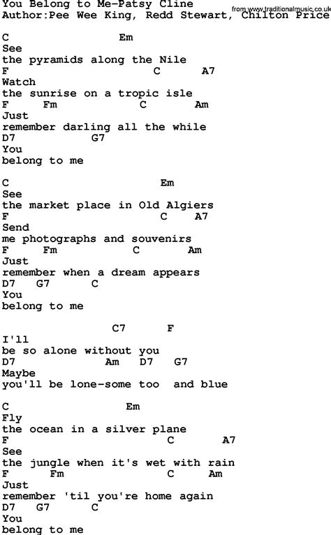 Country Musicyou Belong To Me Patsy Cline Lyrics And Chords