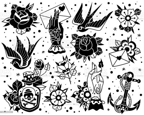 Old School Traditional Tattoo Flash Black White Icons Pack With In