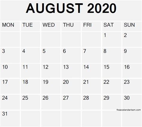 August 2020 Calendar Template In Word Excel And Pdf