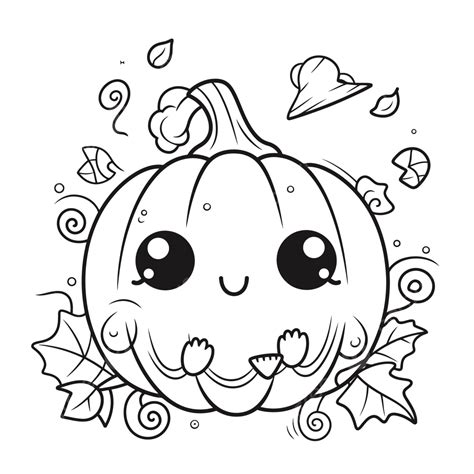 Cute Kawaii Pumpkin Coloring Page With Leaf Decorations Outline Sketch