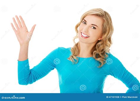 Portrait Of A Woman Waving To The Camera Stock Photo Image 47101938