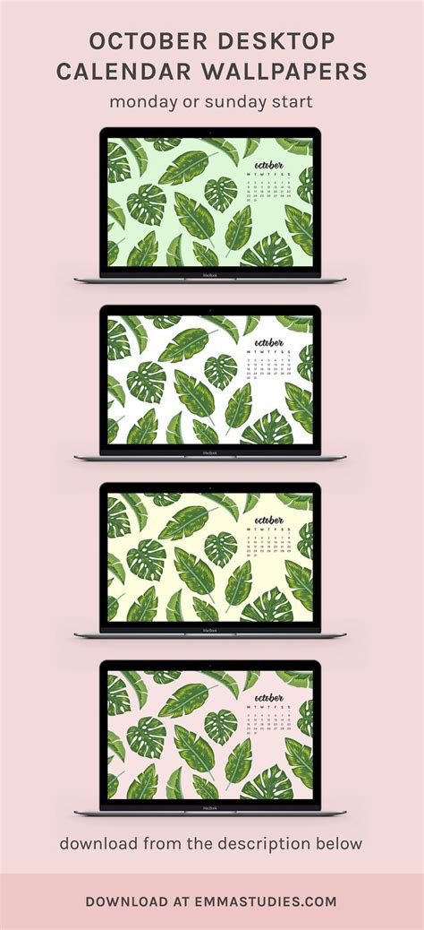 October Tropical Leaf Desktop Monthly Calendar Wallpapers